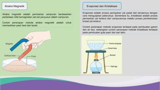 Atraksi Magnetik Evaporasi dan Kristalisasi
Atraksi magnetik adalah pemisahan campuran berdasarkan
perbedaan sifat kemagnetan zat-zat penyusun dalam campuran.
Contoh penerapan metode atraksi magnetik adalah untuk
memisahkan pasir besi dari tanah.
Evaporasi adalah proses pemisahan zat padat dari larutannya dengan
cara menguapkan pelarutnya. Sementara itu, kristalisasi adalah proses
pemisahan zat terlarut dari campurannya melalui proses pembentukan
kristal zat terlarut.
Contoh penerapan metode evaporasi terdapat pada pembuatan garam
dari air laut, sedangkan contoh penerapan metode kristalisasi terdapat
pada pembuatan gula pasir dari sari tebu.
 