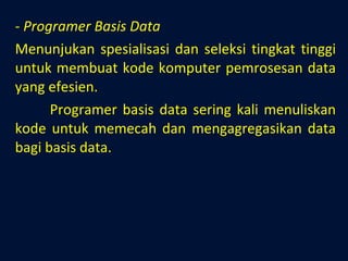Programer Basis Data Menunjukan spesialisasi dan seleksi tingkat tinggi untuk membuat kode komputer pemrosesan data yang efesien. Programer basis data sering kali menuliskan kode untuk memecah dan mengagregasikan data bagi basis data. 