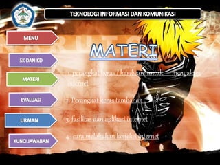 1. perangkat keras / hardware untuk mengakses 
internet 
2. Perangkat keras tambahan 
3. fasilitas dan aplikasi internet 
4- cara melakukan koneksi internet 
 