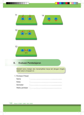 11 
12 
13 
E. Evaluasi Pembelajaran 
Setelah kamu belajar dan menampilkan karya tari dengan iringan, 
isilah kolom di bawah ini : 
1. Penilaian Pribadi 
Nama : …………………………………....................... 
Kelas : ……………………………………................... 
Semester : …………………………………....................... 
Waktu penilaian : …………………............................................ 
148 Kelas X SMA / SMK / MA / MAK 
14 
 