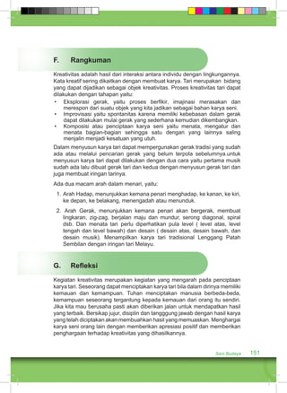 F. Rangkuman 
Kreativitas adalah hasil dari interaksi antara individu dengan lingkungannya. 
Kata kreatif sering dikaitkan dengan membuat karya. Tari merupakan bidang 
yang dapat dijadikan sebagai objek kreativitas. Proses kreativitas tari dapat 
dilakukan dengan tahapan yaitu: 
• Eksplorasi gerak, yaitu proses berfikir, imajinasi merasakan dan 
merespon dari suatu objek yang kita jadikan sebagai bahan karya seni. 
• Improvisasi yaitu spontanitas karena memiliki kebebasan dalam gerak 
dapat dilakukan mulai gerak yang sederhana kemudian dikembangkan. 
• Komposisi atau penciptaan karya seni yaitu menata, mengatur dan 
menata bagian-bagian sehingga satu dengan yang lainnya saling 
menjalin menjadi kesatuan yang utuh. 
Dalam menyusun karya tari dapat mempergunakan gerak tradisi yang sudah 
ada atau melalui pencarian gerak yang belum terpola sebelumnya.untuk 
menyusun karya tari dapat dilakukan dengan dua cara yaitu pertama musik 
sudah ada lalu dibuat gerak tari dan kedua dengan menyusun gerak tari dan 
juga membuat iringan tarinya. 
Ada dua macam arah dalam menari, yaitu: 
1. Arah Hadap, menunjukkan kemana penari menghadap, ke kanan, ke kiri, 
ke depan, ke belakang, menengadah atau menunduk. 
2. Arah Gerak, menunjukkan kemana penari akan bergerak, membuat 
lingkaran, zig-zag, berjalan maju dan mundur, serong diagonal, spiral 
dsb. Dan menata tari perlu diperhatikan pula level ( level atas, level 
tengah dan level bawah) dan desain ( desain atas, desain bawah, dan 
desain musik). Menampilkan karya tari tradisional Lenggang Patah 
Sembilan dengan iringan tari Melayu. 
G. Refleksi 
Kegiatan kreativitas merupakan kegiatan yang mengarah pada penciptaan 
karya tari. Seseorang dapat menciptakan karya tari bila dalam dirinya memiliki 
kemauan dan kemampuan. Tuhan menciptakan manusia berbeda-beda, 
kemampuan seseorang tergantung kepada kemauan dari orang itu sendiri. 
Jika kita mau berusaha pasti akan diberikan jalan untuk mendapatkan hasil 
yang terbaik. Bersikap jujur, disiplin dan tangggung jawab dengan hasil karya 
yang telah diciptakan akan membuahkan hasil yang memuaskan. Menghargai 
karya seni orang lain dengan memberikan apresiasi positif dan memberikan 
penghargaan terhadap kreativitas yang dihasilkannya. 
Seni Budaya 151 
