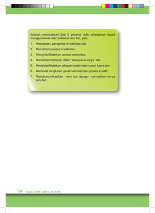 Setelah mempelajari Bab 6 peserta didik diharapkan dapat 
mengapresiasi dan berkreasi seni tari, yaitu: 
1. Memahami pengertian kreativitas tari. 
2. Memahami proses kreativitas. 
3. Mengklasifikasikan proses kreativitas. 
4. Memahami tahapan dalam menyusun karya tari. 
5. Mengklasifikasikan tahapan dalam menyusun karya tari. 
6. Membuat rangkaian gerak tari hasil dari proses kreatif. 
7. Mengkomunikasikan seni tari dengan menyajikan karya 
seni tari. 
134 Kelas X SMA / SMK / MA / MAK 
 