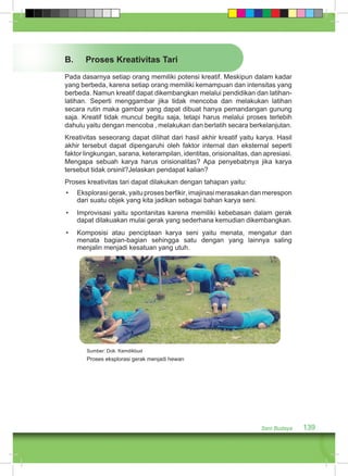 B. Proses Kreativitas Tari 
Pada dasarnya setiap orang memiliki potensi kreatif. Meskipun dalam kadar 
yang berbeda, karena setiap orang memiliki kemampuan dan intensitas yang 
berbeda. Namun kreatif dapat dikembangkan melalui pendidikan dan latihan-latihan. 
Seperti menggambar jika tidak mencoba dan melakukan latihan 
secara rutin maka gambar yang dapat dibuat hanya pemandangan gunung 
saja. Kreatif tidak muncul begitu saja, tetapi harus melalui proses terlebih 
dahulu yaitu dengan mencoba , melakukan dan berlatih secara berkelanjutan. 
Kreativitas seseorang dapat dilihat dari hasil akhir kreatif yaitu karya. Hasil 
akhir tersebut dapat dipengaruhi oleh faktor internal dan eksternal seperti 
faktor lingkungan, sarana, keterampilan, identitas, orisionalitas, dan apresiasi. 
Mengapa sebuah karya harus orisionalitas? Apa penyebabnya jika karya 
tersebut tidak orsinil?Jelaskan pendapat kalian? 
Proses kreativitas tari dapat dilakukan dengan tahapan yaitu: 
• Eksplorasi gerak, yaitu proses berfikir, imajinasi merasakan dan merespon 
Seni Budaya 139 
dari suatu objek yang kita jadikan sebagai bahan karya seni. 
• Improvisasi yaitu spontanitas karena memiliki kebebasan dalam gerak 
dapat dilakuakan mulai gerak yang sederhana kemudian dikembangkan. 
• Komposisi atau penciptaan karya seni yaitu menata, mengatur dan 
menata bagian-bagian sehingga satu dengan yang lainnya saling 
menjalin menjadi kesatuan yang utuh. 
Sumber: Dok. Kemdikbud 
Proses eksplorasi gerak menjadi hewan 
 