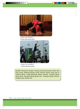 Sumber: Dok. Kemdikbud 
Proses Improvisasi gerak 
Sumber: Dok. Kemdikbud 
Proses komposisi gerak 
Buatlah kelompok dengan masing-masing kelompok terdiri dari 
lima orang. Masing-masing orang mencari gerak yang ada di 
sekiling kalian. Imajinasikanlah gerak tersebut, menjadi gerak 
yang indah. Rangkai gerak-gerak dari masing-msaing individu 
menjadi satu bentuk tari. 
140 Kelas X SMA / SMK / MA / MAK 
 