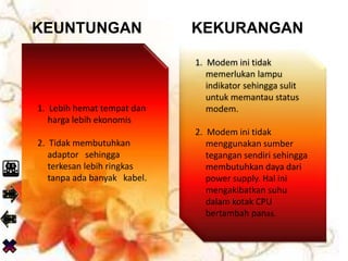 1. Lebih hemat tempat dan
harga lebih ekonomis
2. Tidak membutuhkan
adaptor sehingga
terkesan lebih ringkas
tanpa ada banyak kabel.
1. Modem ini tidak
memerlukan lampu
indikator sehingga sulit
untuk memantau status
modem.
2. Modem ini tidak
menggunakan sumber
tegangan sendiri sehingga
membutuhkan daya dari
power supply. Hal ini
mengakibatkan suhu
dalam kotak CPU
bertambah panas.
KEUNTUNGAN KEKURANGAN
 