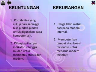 1. Portabilitas yang
cukup baik sehingga
bisa pindah-pindah
untuk digunakan pada
komputer lain.
2. Dilengkapi lampu
indikator sehingga
mudah untuk
memantau status dari
modem.
1. Harga lebih mahal
dari pada modem
internal.
2. Membutuhkan
tempat atau lokasi
tersendiri untuk
menaruh modem
tersebut.
KEUNTUNGAN KEKURANGAN
 