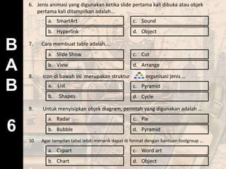 B
A
B
6
6. Jenis animasi yang digunakan ketika slide pertama kali dibuka atau objek
pertama kali ditampilkan adalah...
7. Cara membuat table adalah....
8. Icon di bawah ini merupakan struktur organisasi jenis …
9. Untuk menyisipkan objek diagram, perintah yang digunakan adalah …
10. Agar tampilan tabel lebih menarik dapat di format dengan bantuan toolgroup …
a. SmartArt
b. Hyperlink
c. Sound
d. Object
a. Slide Show
b. View
c. Cut
d. Arrange
b. Shapes
a. List c. Pyramid
d. Cycle
a. Radar
b. Bubble
c. Pie
d. Pyramid
a. Clipart
b. Chart
c. Word art
d. Object
 