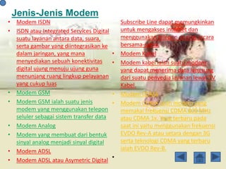 Jenis-Jenis Modem
• Modem ISDN
• ISDN atau Integrated Services Digital
suatu layanan antara data, suara,
serta gambar yang diintegrasikan ke
dalam jaringan, yang mana
menyediakan sebuah konektivitas
digital ujung menuju ujung guna
menunjang ruang lingkup pelayanan
yang cukup luas
• Modem GSM
• Modem GSM ialah suatu jenis
modem yang menggunakan telepon
seluler sebagai sistem transfer data
• Modem Analog
• Modem yang membuat dari bentuk
sinyal analog menjadi sinyal digital
• Modem ADSL
• Modem ADSL atau Asymetric Digital
Subscribe Line dapat memungkinkan
untuk mengakses internet dan
menggunakan telepon analog secara
bersama-sama.
• Modem Kabel
• Modem kabel ialah suatu modem
yang dapat menerima data langsung
dari suatu penyedia layanan lewat TV
Kabel.
• Modem CDMA
• Modem CDMA ialah modem yang
memakai frekuensi CDMA 800 MHz
atau CDMA 1x. Yang terbaru pada
saat ini yaitu menggunakan frekuensi
EVDO Rev-A atau setara dengan 3G
serta teknologi CDMA yang terbaru
ialah EVDO Rev-B.
•
 