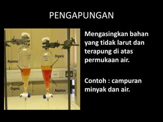 PENGAPUNGAN
Mengasingkan bahan
yang tidak larut dan
terapung di atas
permukaan air.
Contoh : campuran
minyak dan air.
 