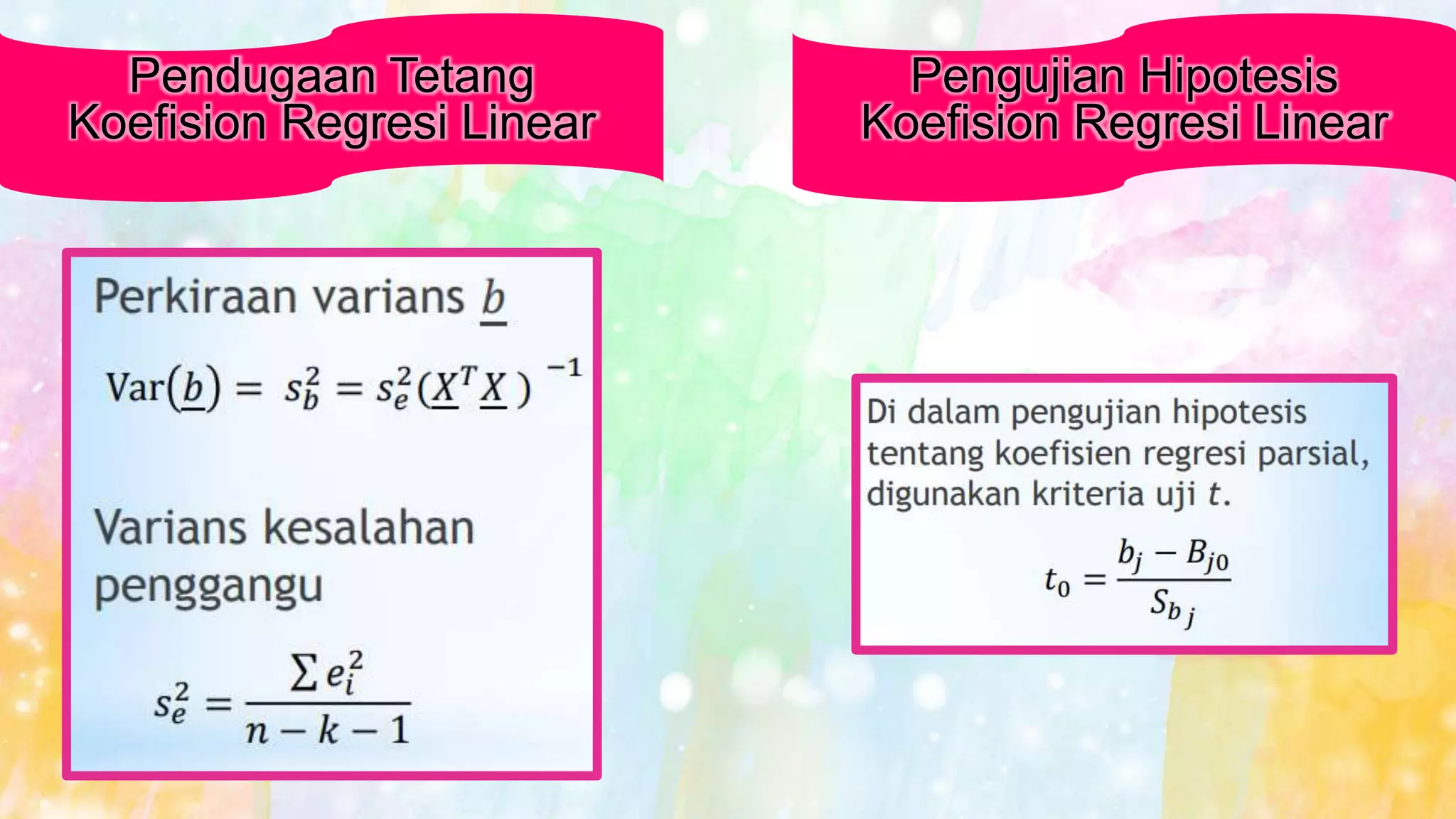 Pendugaan Tetang
Koefision Regresi Linear
Pengujian Hipotesis
Koefision Regresi Linear
