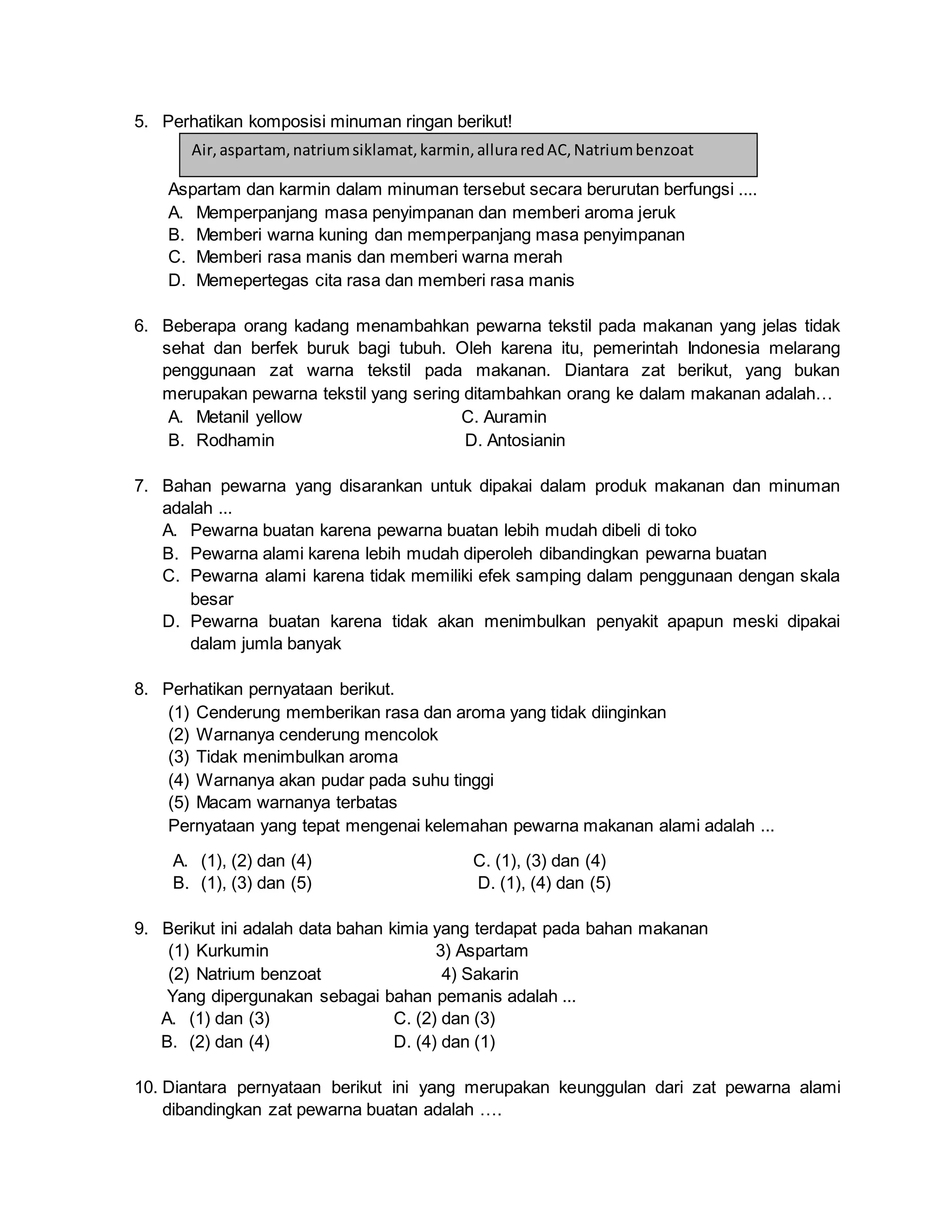 Contoh soal ipa kelas 2 smp zat aditif adiktif