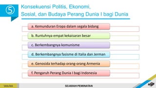 Konsekuensi Politis, Ekonomi,
Sosial, dan Budaya Perang Dunia I bagi Dunia
5
a. Kemunduran Eropa dalam segala bidang
b. Runtuhnya empat kekaisaran besar
c. Berkembangnya komunisme
d. Berkembangnya fasisme di Italia dan Jerman
e. Genosida terhadap orang-orang Armenia
f. Pengaruh Perang Dunia I bagi Indonesia
 