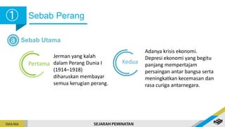 Sebab Perang
Sebab Utama
➀
➀
a
Pertama
Jerman yang kalah
dalam Perang Dunia I
(1914–1918)
diharuskan membayar
semua kerugian perang.
Kedua
Adanya krisis ekonomi.
Depresi ekonomi yang begitu
panjang mempertajam
persaingan antar bangsa serta
meningkatkan kecemasan dan
rasa curiga antarnegara.
 