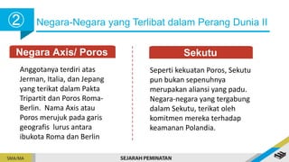 Negara-Negara yang Terlibat dalam Perang Dunia II
➁
Negara Axis/ Poros Sekutu
Anggotanya terdiri atas
Jerman, Italia, dan Jepang
yang terikat dalam Pakta
Tripartit dan Poros Roma-
Berlin. Nama Axis atau
Poros merujuk pada garis
geografis lurus antara
ibukota Roma dan Berlin
Seperti kekuatan Poros, Sekutu
pun bukan sepenuhnya
merupakan aliansi yang padu.
Negara-negara yang tergabung
dalam Sekutu, terikat oleh
komitmen mereka terhadap
keamanan Polandia.
 