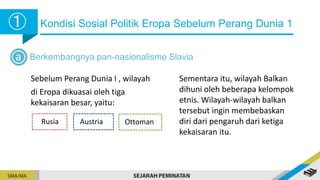 Kondisi Sosial Politik Eropa Sebelum Perang Dunia 1
Berkembangnya pan-nasionalisme Slavia
Sementara itu, wilayah Balkan
dihuni oleh beberapa kelompok
etnis. Wilayah-wilayah balkan
tersebut ingin membebaskan
diri dari pengaruh dari ketiga
kekaisaran itu.
Sebelum Perang Dunia I , wilayah
di Eropa dikuasai oleh tiga
kekaisaran besar, yaitu:
Rusia Austria Ottoman
➀
➀
a
 