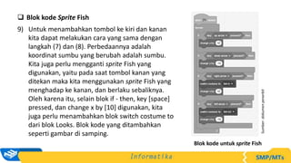  Blok kode Sprite Fish
9) Untuk menambahkan tombol ke kiri dan kanan
kita dapat melakukan cara yang sama dengan
langkah (7) dan (8). Perbedaannya adalah
koordinat sumbu yang berubah adalah sumbu.
Kita juga perlu mengganti sprite Fish yang
digunakan, yaitu pada saat tombol kanan yang
ditekan maka kita menggunakan sprite Fish yang
menghadap ke kanan, dan berlaku sebaliknya.
Oleh karena itu, selain blok if - then, key [space]
pressed, dan change x by [10] digunakan, kita
juga perlu menambahkan blok switch costume to
dari blok Looks. Blok kode yang ditambahkan
seperti gambar di samping.
Sumber:
dokumen
penerbit
Blok kode untuk sprite Fish
 