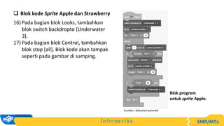  Blok kode Sprite Apple dan Strawberry
16) Pada bagian blok Looks, tambahkan
blok switch backdropto [Underwater
3].
17) Pada bagian blok Control, tambahkan
blok stop [all]. Blok kode akan tampak
seperti pada gambar di samping.
Sumber: dokumen penerbit
Blok program
untuk sprite Apple.
 