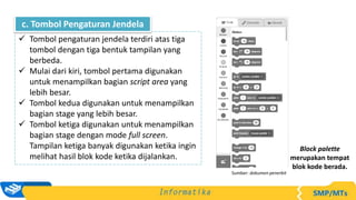Block palette
merupakan tempat
blok kode berada.
Sumber: dokumen penerbit
 Tombol pengaturan jendela terdiri atas tiga
tombol dengan tiga bentuk tampilan yang
berbeda.
 Mulai dari kiri, tombol pertama digunakan
untuk menampilkan bagian script area yang
lebih besar.
 Tombol kedua digunakan untuk menampilkan
bagian stage yang lebih besar.
 Tombol ketiga digunakan untuk menampilkan
bagian stage dengan mode full screen.
Tampilan ketiga banyak digunakan ketika ingin
melihat hasil blok kode ketika dijalankan.
c. Tombol Pengaturan Jendela
 