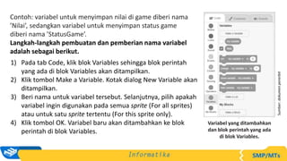 1) Pada tab Code, klik blok Variables sehingga blok perintah
yang ada di blok Variables akan ditampilkan.
2) Klik tombol Make a Variable. Kotak dialog New Variable akan
ditampilkan.
3) Beri nama untuk variabel tersebut. Selanjutnya, pilih apakah
variabel ingin digunakan pada semua sprite (For all sprites)
atau untuk satu sprite tertentu (For this sprite only).
4) Klik tombol OK. Variabel baru akan ditambahkan ke blok
perintah di blok Variables.
Contoh: variabel untuk menyimpan nilai di game diberi nama
’Nilai’, sedangkan variabel untuk menyimpan status game
diberi nama ’StatusGame’.
Langkah-langkah pembuatan dan pemberian nama variabel
adalah sebagai berikut.
Sumber:
dokumen
penerbit
Variabel yang ditambahkan
dan blok perintah yang ada
di blok Variables.
 