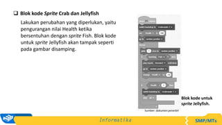  Blok kode Sprite Crab dan Jellyfish
Lakukan perubahan yang diperlukan, yaitu
pengurangan nilai Health ketika
bersentuhan dengan sprite Fish. Blok kode
untuk sprite Jellyfish akan tampak seperti
pada gambar disamping.
Blok kode untuk
sprite Jellyfish.
Sumber: dokumen penerbit
 
