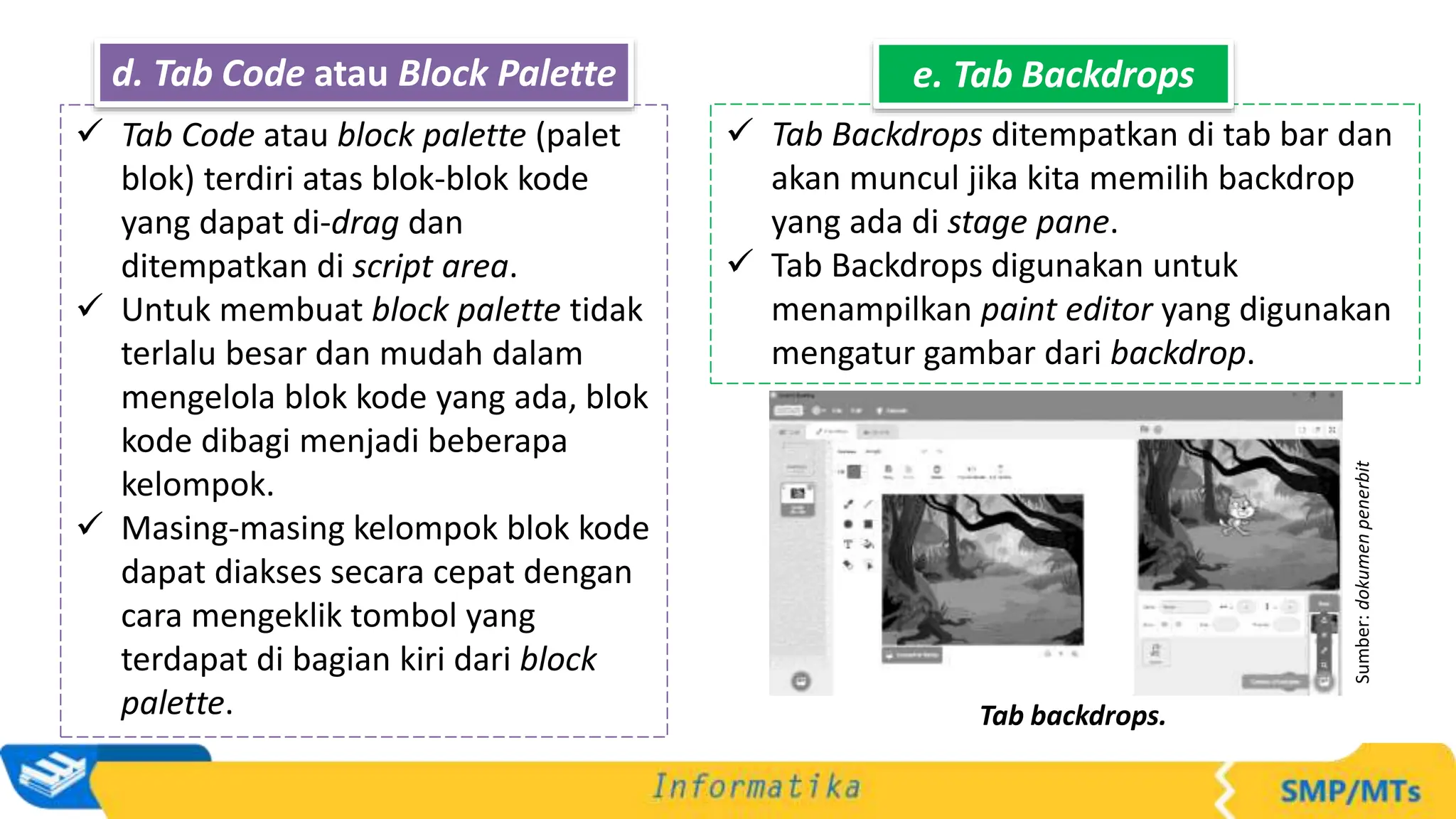 Sumber:
dokumen
penerbit
Tab backdrops.
 Tab Code atau block palette (palet
blok) terdiri atas blok-blok kode
yang dapat di-drag dan
ditempatkan di script area.
 Untuk membuat block palette tidak
terlalu besar dan mudah dalam
mengelola blok kode yang ada, blok
kode dibagi menjadi beberapa
kelompok.
 Masing-masing kelompok blok kode
dapat diakses secara cepat dengan
cara mengeklik tombol yang
terdapat di bagian kiri dari block
palette.
d. Tab Code atau Block Palette
 Tab Backdrops ditempatkan di tab bar dan
akan muncul jika kita memilih backdrop
yang ada di stage pane.
 Tab Backdrops digunakan untuk
menampilkan paint editor yang digunakan
mengatur gambar dari backdrop.
e. Tab Backdrops
 