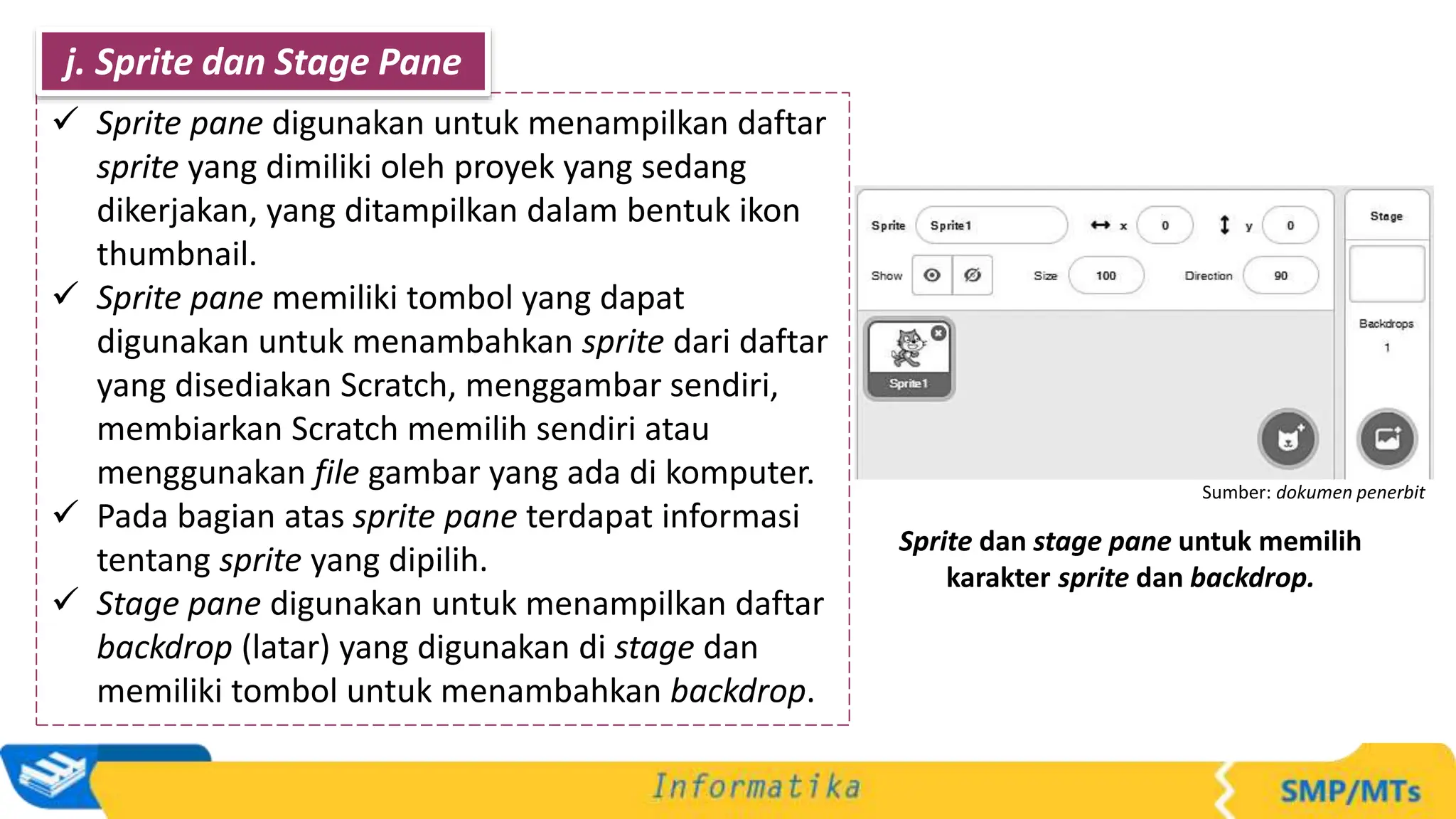 Sprite dan stage pane untuk memilih
karakter sprite dan backdrop.
Sumber: dokumen penerbit
 Sprite pane digunakan untuk menampilkan daftar
sprite yang dimiliki oleh proyek yang sedang
dikerjakan, yang ditampilkan dalam bentuk ikon
thumbnail.
 Sprite pane memiliki tombol yang dapat
digunakan untuk menambahkan sprite dari daftar
yang disediakan Scratch, menggambar sendiri,
membiarkan Scratch memilih sendiri atau
menggunakan file gambar yang ada di komputer.
 Pada bagian atas sprite pane terdapat informasi
tentang sprite yang dipilih.
 Stage pane digunakan untuk menampilkan daftar
backdrop (latar) yang digunakan di stage dan
memiliki tombol untuk menambahkan backdrop.
j. Sprite dan Stage Pane
 