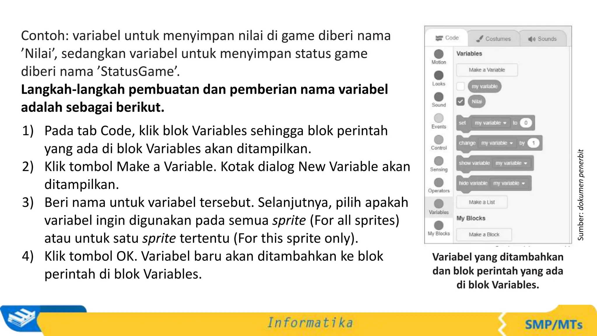 1) Pada tab Code, klik blok Variables sehingga blok perintah
yang ada di blok Variables akan ditampilkan.
2) Klik tombol Make a Variable. Kotak dialog New Variable akan
ditampilkan.
3) Beri nama untuk variabel tersebut. Selanjutnya, pilih apakah
variabel ingin digunakan pada semua sprite (For all sprites)
atau untuk satu sprite tertentu (For this sprite only).
4) Klik tombol OK. Variabel baru akan ditambahkan ke blok
perintah di blok Variables.
Contoh: variabel untuk menyimpan nilai di game diberi nama
’Nilai’, sedangkan variabel untuk menyimpan status game
diberi nama ’StatusGame’.
Langkah-langkah pembuatan dan pemberian nama variabel
adalah sebagai berikut.
Sumber:
dokumen
penerbit
Variabel yang ditambahkan
dan blok perintah yang ada
di blok Variables.
 