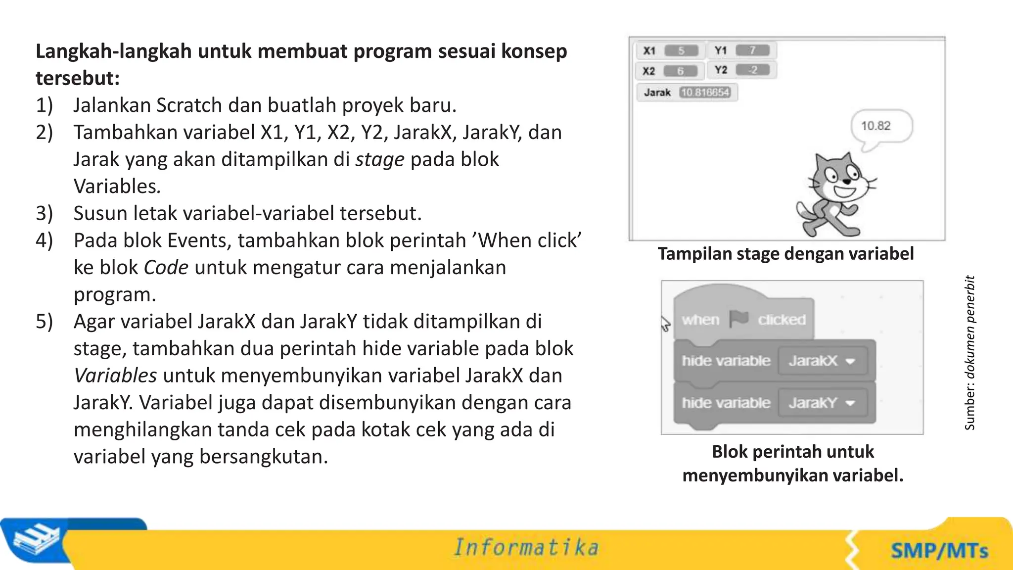Langkah-langkah untuk membuat program sesuai konsep
tersebut:
1) Jalankan Scratch dan buatlah proyek baru.
2) Tambahkan variabel X1, Y1, X2, Y2, JarakX, JarakY, dan
Jarak yang akan ditampilkan di stage pada blok
Variables.
3) Susun letak variabel-variabel tersebut.
4) Pada blok Events, tambahkan blok perintah ’When click’
ke blok Code untuk mengatur cara menjalankan
program.
5) Agar variabel JarakX dan JarakY tidak ditampilkan di
stage, tambahkan dua perintah hide variable pada blok
Variables untuk menyembunyikan variabel JarakX dan
JarakY. Variabel juga dapat disembunyikan dengan cara
menghilangkan tanda cek pada kotak cek yang ada di
variabel yang bersangkutan.
Sumber:
dokumen
penerbit
Tampilan stage dengan variabel
Blok perintah untuk
menyembunyikan variabel.
 