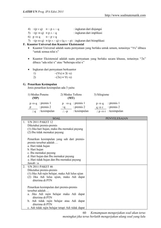 LATIH UN Prog. IPA Edisi 2011
http://www.soalmatematik.com
4) ~(p ∨ q) ≡ ~ p ∧ ~ q : ingkaran dari disjungsi
5) ~(p ⇒ q) ≡ p ∧ ~ q : ingkaran dari implikasi
6) p ⇒ q ≡ ~ p ∨ q
7) ~(p ⇔ q) ≡ (p ∧ ~ q) ∨ (q ∧ ~ p) : ingkaran dari biimplikasi
F. Kuantor Universal dan Kuantor Eksistensial
• Kuantor Universal adalah suatu pernyataan yang berlaku untuk umum, notasinya “∀x” dibaca
“untuk semua nilai x”
• Kuantor Eksistensial adalah suatu pernyataan yang berlaku secara khusus, notasinya “∃x”
dibaca “ada nilai x” atau “beberapa nilai x”
• Ingkaran dari pernyataan berkuantor
1) ~(∀x) ≡ ∃(~x)
2) ~(∃x) ≡ ∀(~x)
G. Penarikan Kesimpulan
Jenis penarikan kesimpulan ada 3 yaitu:
1) Modus Ponens 2) Modus Tollens 3) Silogisme
(MP) (MT)
p ⇒ q : premis 1 p ⇒ q : premis 1 p ⇒ q : premis 1
p : premis 2 ~q : premis 2 q ⇒ r : premis 2
∴q : kesimpulan ∴~p : kesimpulan ∴p ⇒ r : kesimpulan
SOAL PENYELESAIAN
1. UN 2011 PAKET 12
Diketahui premis-premis
(1) Jika hari hujan, maka ibu memakai payung
(2) Ibu tidak memakai payung
Penarikan kesimpulan yang sah dari premis-
premis tersebut adalah …
a. Hari tidak hujan
b. Hari hujan
c. Ibu memakai payung
d. Hari hujan dan Ibu memakai payung
e. Hari tidak hujan dan Ibu memakai payung
Jawab : a
2. UN 2011 PAKET 46
Diketahui premis-premis
(1) Jika Adi rajin belajar, maka Adi lulus ujian
(2) Jika Adi lulus ujian, maka Adi dapat
diterima di PTN
Penarikan kesimpulan dari premis-premis
tersebut adalah …
a. Jika Adi rajin belajar maka Adi dapat
diterima di PTN
b. Adi tidak rajin belajar atau Adi dapat
diterima di PTN
c. Adi tidak rajin belajar tetapi Adi tidak dapat
Kemampuan mengerjakan soal akan terus
meningkat jika terus berlatih mengerjakan ulang soal yang lalu
60
 