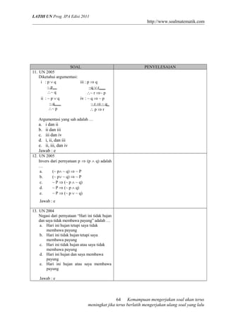 LATIH UN Prog. IPA Edisi 2011
http://www.soalmatematik.com
SOAL PENYELESAIAN
11. UN 2005
Diketahui argumentasi:
i : p ∨ q
~ p__
∴~ q
iii : p ⇒ q
~q ∨ r___
∴~ r ⇒~ p
ii : ~ p ∨ q
~ q___
∴~ p
iv : ~ q ⇒ ~ p
~ r ⇒ ~ q_
∴ p ⇒ r
Argumentasi yang sah adalah …
a. i dan ii
b. ii dan iii
c. iii dan iv
d. i, ii, dan iii
e. ii, iii, dan iv
Jawab : e
12. UN 2005
Invers dari pernyataan p ⇒ (p ∧ q) adalah
…
a. (~ p∧ ~ q) ⇒ ~ P
b. (~ p∨ ~ q) ⇒ ~ P
c. ~ P ⇒ (~ p ∧ ~ q)
d. ~ P ⇒ (~ p ∧ q)
e. ~ P ⇒ (~ p ∨ ~ q)
Jawab : e
13. UN 2004
Negasi dari pernyataan “Hari ini tidak hujan
dan saya tidak membawa payung” adalah …
a. Hari ini hujan tetapi saya tidak
membawa payung
b. Hari ini tidak hujan tetapi saya
membawa payung
c. Hari ini tidak hujan atau saya tidak
membawa payung
d. Hari ini hujan dan saya membawa
payung
e. Hari ini hujan atau saya membawa
payung
Jawab : e
Kemampuan mengerjakan soal akan terus
meningkat jika terus berlatih mengerjakan ulang soal yang lalu
64
 