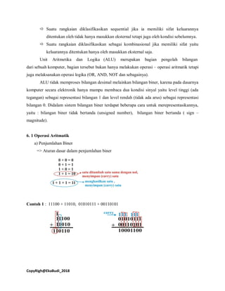 CopyRigh@EkaBudi_2018
 Suatu rangkaian diklasifikasikan sequential jika ia memiliki sifat keluarannya
ditentukan oleh tidak hanya masukkan eksternal tetapi juga oleh kondisi sebelumnya.
 Suatu rangkaian diklasifikasikan sebagai kombinasional jika memiliki sifat yaitu
keluarannya ditentukan hanya oleh masukkan eksternal saja.
Unit Aritmetika dan Logika (ALU) merupakan bagian pengolah bilangan
dari sebuah komputer, bagian tersebut bukan hanya melakukan operasi – operasi aritmatik tetapi
juga melaksanakan operasi logika (OR, AND, NOT dan sebagainya).
ALU tidak memproses bilangan desimal melainkan bilangan biner, karena pada dasarnya
komputer secara elektronik hanya mampu membaca dua kondisi sinyal yaitu level tinggi (ada
tegangan) sebagai representasi bilangan 1 dan level rendah (tidak ada arus) sebagai representasi
bilangan 0. Didalam sistem bilangan biner terdapat beberapa cara untuk merepresentasikannya,
yaitu : bilangan biner tidak bertanda (unsigned number), bilangan biner bertanda ( sign –
magnitude).
6. 1 Operasi Aritmatik
a) Penjumlahan Biner
=> Aturan dasar dalam penjumlahan biner
Contoh 1 : 11100 + 11010, 01010111 + 00110101
 