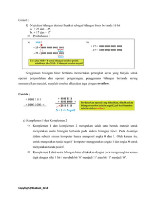 CopyRigh@EkaBudi_2018
Contoh :
1) Nyatakan bilangan desimal berikut sebagai bilangan biner bertanda 16 bit
a. + 25 dan – 25
b. + 17 dan – 17
 Pembahasan :
Penggunaan bilangan biner bertanda memerlukan perangkat keras yang banyak untuk
operasi penjumlahan dan operasi pengurangan, penggunaan bilangan bertanda sering
memunculkan masalah, masalah tersebut dikatakan juga dengan overflow.
Contoh :
+ 0101 1111
+ 0100 1000 +
a) Komplemen 1 dan Komplemen 2
 Komplemen 1 dan komplemen 2 merupakan salah satu bentuk metode untuk
menyatakan suatu bilangan bertanda pada sistem bilangan biner. Pada dasarnya
dalam sebuah sistem komputer hanya mengenal angka 0 dan 1. Oleh karena itu,
untuk menyatakan tanda negatif komputer menggunakan angka 1 dan angka 0 untuk
menyatakan tanda positif.
 Komplemen 1 dari suatu bilangan biner dilakukan dengan cara mengurangkan semua
digit dengan nilai 1 bit / merubah bit ‘0’ menjadi ‘1’ atau bit ‘1’ menjadi ‘0’.
 