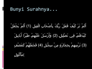 Bunyi Surahnya...
) )‫ل‬ِ  ‫فلي‬ِ  ‫ل‬ْ‫ف‬ ‫ب) ا‬ِ  ‫حبا‬َ‫با‬ ‫ص‬ْ‫ف‬ ‫أ‬َ‫با‬ ‫ب‬ِ   )‫ك‬َ‫با‬ ‫ب‬ّ‫ َك‬ ‫ر‬َ‫با‬  )‫ل‬َ‫با‬ ‫ع‬َ‫با‬ ‫ف‬َ‫با‬  )‫ف‬َ‫با‬ ‫لي‬ْ‫ف‬ ‫ك‬َ‫با‬  )‫ر‬َ‫با‬ ‫ت‬َ‫با‬  )‫م‬ْ‫ف‬ ‫ل‬َ‫با‬ ‫أ‬َ‫با‬1 )‫ل‬ْ‫ف‬ ‫ع‬َ‫با‬ ‫ج‬ْ‫ف‬ ‫ي‬َ‫با‬  )‫م‬ْ‫ف‬ ‫ل‬َ‫با‬ ‫أ‬َ‫با‬  )(
) )‫ل‬‫ل‬ٍ  ‫للي‬ِ  ‫ض‬ْ‫ف‬ ‫ت‬َ‫با‬  )‫فل ي‬ِ   )‫ل‬‫م‬ْ‫ف‬ ‫ه‬ُ‫ْم‬ ‫د‬َ‫با‬ ‫لي‬ْ‫ف‬ ‫ك‬َ‫با‬2 )‫ل‬َ‫با‬ ‫بلي‬ِ  ‫ببا‬َ‫با‬ ‫أ‬َ‫با‬  )‫را‬ً‫ ا‬ ‫لي‬ْ‫ف‬ ‫ط‬َ‫با‬  )‫ل‬‫م‬ْ‫ف‬ ‫ه‬ِ  ‫لي‬ْ‫ف‬ ‫ل‬َ‫با‬ ‫ع‬َ‫با‬  )‫ل‬َ‫با‬ ‫سل‬َ‫با‬ ‫ر‬ْ‫ف‬ ‫أ‬َ‫با‬ ‫و‬َ‫با‬  )(
)3) )‫ل‬ٍ  ‫جلي‬ّ‫ٍلي‬ ‫س‬ِ   )‫ن‬ْ‫ف‬ ‫م‬ِ   )‫ة‬ٍ  ‫ر‬َ‫با‬ ‫جبا‬َ‫با‬ ‫ح‬ِ  ‫ب‬ِ   )‫م‬ْ‫ف‬ ‫ه‬ِ  ‫ملي‬ِ  ‫ر‬ْ‫ف‬ ‫ت‬َ‫با‬  )(4 )‫ف‬ٍ  ‫ص‬ْ‫ف‬ ‫ع‬َ‫با‬ ‫ك‬َ‫با‬  )‫م‬ْ‫ف‬ ‫ه‬ُ‫ْم‬ ‫ل‬َ‫با‬ ‫ع‬َ‫با‬ ‫ج‬َ‫با‬ ‫ف‬َ‫با‬  )(
‫ل‬ٍ  ‫كلو‬ُ‫ْم‬ ‫أ‬ْ‫ف‬ ‫م‬َ‫با‬ (
 