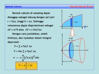 Metode Cakram Volume Benda PutarVolume Benda Putar
Bentuk cakram di samping dapat
dianggap sebagai tabung dengan jari-jari
r = f(x), tinggi h = x. Sehingga
volumenya dapat diaproksimasi sebagai
V  r2h atau V   f(x)2x.
Dengan cara jumlahkan, ambil
limitnya, dan nyatakan dalam integral
diperoleh:
V    f(x)2 x
V = lim   f(x)2 x
dxxf
a

0
2)]([v 
x
h=x
x
x
y
0 x
y
x
a
)(xf
)(xfr 
dxy
a

0
2
V 
 