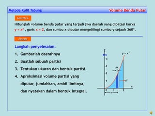 Metode Kulit Tabung Volume Benda PutarVolume Benda Putar
Hitunglah volume benda putar yang terjadi jika daerah yang dibatasi kurva
y = x2 , garis x = 2, dan sumbu x diputar mengelilingi sumbu y sejauh 360º.
Contoh 9.
Langkah penyelesaian:
1. Gambarlah daerahnya
2. Buatlah sebuah partisi
3. Tentukan ukuran dan bentuk partisi.
4. Aproksimasi volume partisi yang
diputar, jumlahkan, ambil limitnya,
dan nyatakan dalam bentuk integral. 0
x
1 2
x
x
2
xy 
x2
y
1
2
3
4
Jawab
 