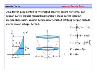 Metode Cincin Volume Benda Putar
Jika daerah pada contoh ke-9 tersebut dipartisi secara horisontal dan
sebuah partisi diputar mengelilingi sumbu y, maka partisi tersebut
membentuk cincin. Volume benda putar tersebut dihitung dengan metode
cincin adalah sebagai berikut.
0
x
1 2-2 -1
y
1
2
3
4
 dyyV  
4
0
4
 
4
0
2
2
14 yyV  
)816( V
8V0
x
1 2
x
2
xy 
y
1
2
3
4
y
r=x
R = 2
 dyxxV  
4
0
2
2
2
1
 