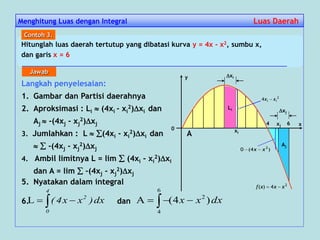 Langkah penyelesaian:
1. Gambar dan Partisi daerahnya
2. Aproksimasi : Li  (4xi - xi
2)xi dan
Aj  -(4xj - xj
2)xj
3. Jumlahkan : L  (4xi - xi
2)xi dan A
  -(4xj - xj
2)xj
4. Ambil limitnya L = lim  (4xi - xi
2)xi
dan A = lim  -(4xj - xj
2)xj
5. Nyatakan dalam integral
6. dan
y
0
x64
2
4)( xxxf 
dx)xx4(
4
0
2
 L dxxx 
6
4
2
)4(A
xi
Li
xi
xj
Aj
xj
2
4 ii xx 
)4(0 2
xx 
Menghitung Luas dengan Integral Luas DaerahLuas Daerah
Hitunglah luas daerah tertutup yang dibatasi kurva y = 4x - x2, sumbu x,
dan garis x = 6
Contoh 3.
Jawab
 