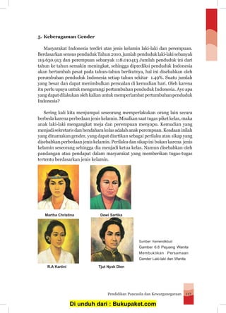 Pendidikan Pancasila dan Kewarganegaraan 117
5.	Keberagaman Gender
	 Masyarakat Indonesia terdiri atas jenis kelamin laki-laki dan perempuan.
BerdasarkansensuspendudukTahun2010,jumlahpenduduklaki-lakisebanyak
119.630.913 dan perempuan sebanyak 118.010413 Jumlah penduduk ini dari
tahun ke tahun semakin meningkat, sehingga diprediksi penduduk Indonesia
akan bertambah pesat pada tahun-tahun berikutnya, hal ini disebabkan oleh
perumbuhan penduduk Indonesia setiap tahun sekitar 1.49%. Suatu jumlah
yang besar dan dapat menimbulkan persoalan di kemudian hari. Oleh karena
itu perlu upaya untuk mengurangi pertumbuhan penduduk Indonesia. Ayo apa
yang dapat dilakukan oleh kalian untuk memperlambat pertumbuhan penduduk
Indonesia?
	 Sering kali kita menjumpai seseorang memperlakukan orang lain secara
berbeda karena perbedaan jenis kelamin. Misalkan saat tugas piket kelas, maka
anak laki-laki mengangkat meja dan perempuan menyapu. Kemudian yang
menjadi sekretaris dan bendahara kelas adalah anak perempuan. Keadaan inilah
yang dinamakan gender, yang dapat diartikan sebagai perilaku atau sikap yang
disebabkan perbedaan jenis kelamin. Perilaku dan sikap ini bukan karena jenis
kelamin seseorang sehingga dia menjadi ketua kelas. Namun disebabkan oleh
pandangan atau pendapat dalam masyarakat yang memberikan tugas-tugas
tertentu berdasarkan jenis kelamin.
Martha Christina		 Dewi Sartika
R.A Kartini		 Tjut Nyak Dien
Sumber: Kemendikbud
Gambar 6.8 Pejuang Wanita
Membuktikan Persamaan
Gender Laki-laki dan Wanita
Di unduh dari : Bukupaket.com
 