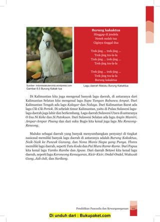 Pendidikan Pancasila dan Kewarganegaraan 111
Di Kalimantan kita juga mengenal banyak lagu daerah, di antaranya dari
Kalimantan Selatan kita mengenal lagu Sapu Tangan Babuncu Ampat. Dari
Kalimantan Tengah ada lagu Kalayar dan Naluya. Dari Kalimantan Barat ada
lagu Cik-Cik Periok. Di sebelah timur Kalimantan, yaitu di Pulau Sulawesi lagu-
lagu daerah juga lahir dan berkembang. Lagu daerah Sulawesi Utara di antaranya
O Ina Ni Keke dan Si Patokaan. Dari Sulawesi Selatan ada lagu Angin Mamiri,
Ampar-Ampar Pisang dan dari suku Bugis kita kenal juga lagu Ma Rencong-
Rencong.
	 Maluku sebagai daerah yang banyak menyumbangkan penyanyi di tingkat
nasional memiliki banyak lagu daerah di antaranya adalah Burung Kakaktua,
Naik-Naik ke Puncak Gunung, dan Nona Manis Siapa yang Punya. Flores
memiliki lagu daerah, seperti Tutu Koda dan Pai Mura Rame-Rame. Dari Papua
kita kenal lagu Yamko Rambe dan Apuse. Dari daerah Betawi kita kenal lagu
daerah, seperti lagu Keroncong Kemayoran, Kicir-Kicir, Ondel-Ondel, Wakwak
Gung, Jali-Jali, dan Surilang.
Lagu daerah Maluku Burung Kakaktua
Burung kakaktua
Hinggap di jendela
Nenek sudah tua
Giginya tinggal dua
Trek-jing … trek-jing …
Trek-jing tra-la-la
Trek-jing … trek-jing …
Trek-jing tra-la-la
Trek-jing … trek-jing …
Trek-jing tra-la-la
Burung kakaktua
Sumber: indonesiakutercinta.wordpress.com
Gambar 6.5 Burung Kakak tua
Di unduh dari : Bukupaket.com
 
