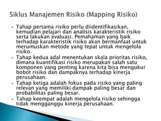  Tahap pertama risiko perlu diidentifikasikan,
kemudian pelajari dan analisis karakteristik risiko
serta lakukan evaluasi. Pemahaman yang baik
terhadap karakteristik risiko akan bermanfaat untuk
merumuskan metode yang tepat untuk mengelola
risiko.
 Tahap kedua adal menentukan skala prioritas risiko,
dimana kuantifikasi risiko merupakan salah satu
komponen yang penting karena kita bisa mengukur
bobot risiko dan dampaknya terhadap kinerja
perusahaan.
 Tahap ketiga adalah fokus pada risiko yang paling
relevan yang memiliki dampak paling besar dan
probabilitas paling besar.
 Tahap keempat adalah mengelola risiko sehingga
tidak mengganggu kinerja perusahaan.
 