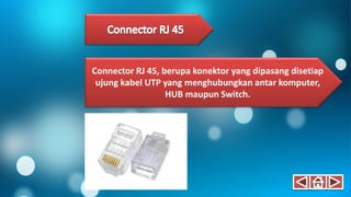 Connector RJ 45, berupa konektor yang dipasang disetiap
ujung kabel UTP yang menghubungkan antar komputer,
HUB maupun Switch.
 