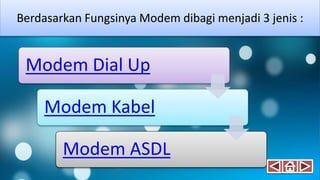 Berdasarkan Fungsinya Modem dibagi menjadi 3 jenis :
Modem Dial Up
Modem Kabel
Modem ASDL
 