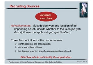 Fundamentals of Human Resource Management, 10/e, DeCenzo/Robbins Chapter 6, slide 10
Recruiting Sources
external
searches
Advertisements: Must decide type and location of ad,
depending on job; decide whether to focus on job (job
description) or on applicant (job specification).
Three factors influence the response rate:
Ø identification of the organization
Ø labor market conditions
Ø the degree to which specific requirements are listed.
Blind box ads do not identify the organization.
 