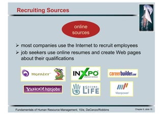Fundamentals of Human Resource Management, 10/e, DeCenzo/Robbins Chapter 6, slide 15
Recruiting Sources
online
sources
Ø most companies use the Internet to recruit employees
Ø job seekers use online resumes and create Web pages
about their qualifications
 