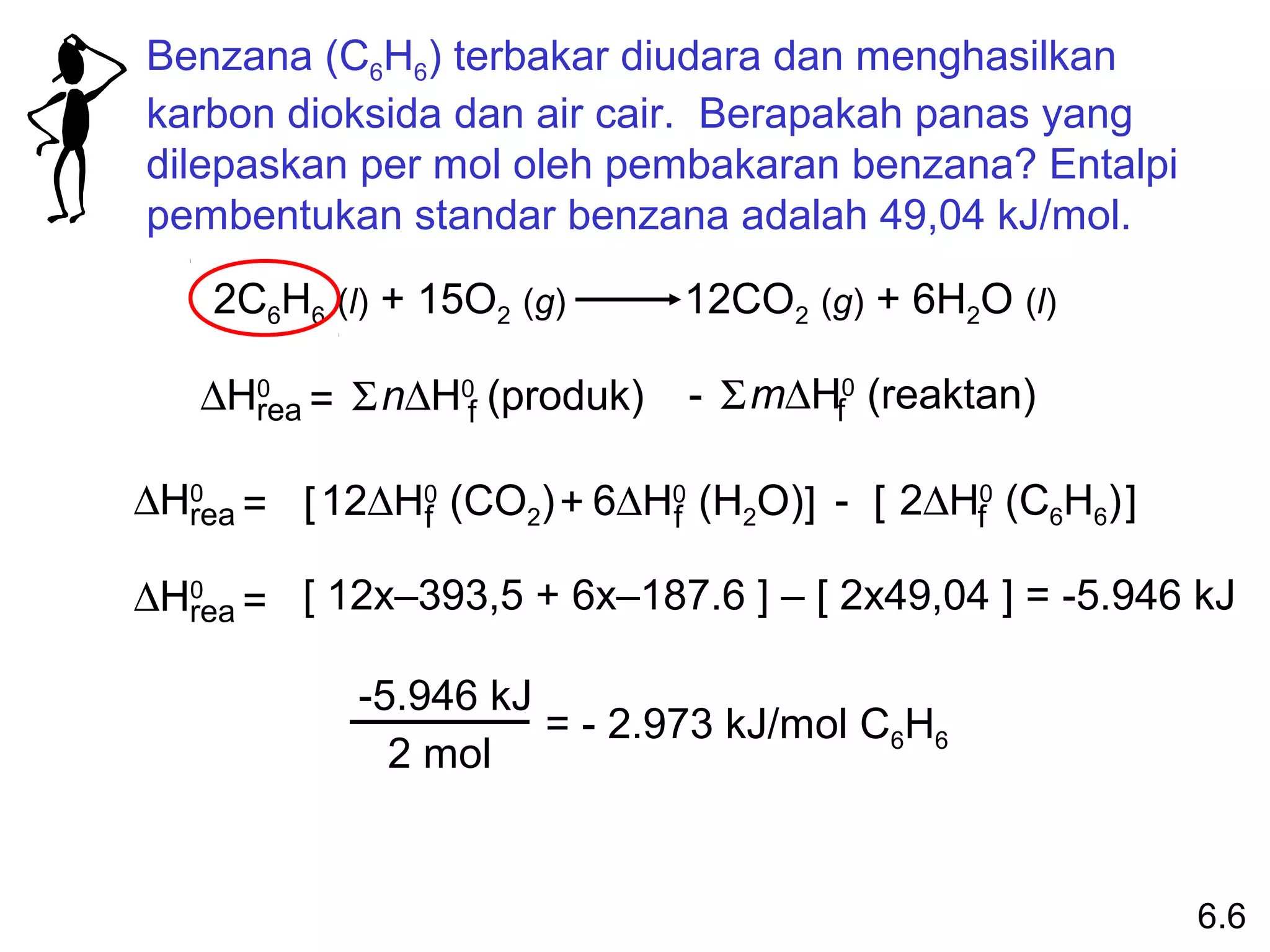 Benzana (C6H6) terbakar diudara dan menghasilkan
karbon dioksida dan air cair. Berapakah panas yang
dilepaskan per mol oleh pembakaran benzana? Entalpi
pembentukan standar benzana adalah 49,04 kJ/mol.
    2C6H6 (l) + 15O2 (g)      12CO2 (g) + 6H2O (l)

   ∆Hrea = Σ n∆H0f (produk)
     0                        - Σ m∆Hf0 (reaktan)

∆Hrea = [ 12∆H0 (CO2) + 6∆H0 (H2O)] - [ 2∆Hf0 (C6H6) ]
  0
              f            f

∆Hrea = [ 12x–393,5 + 6x–187.6 ] – [ 2x49,04 ] = -5.946 kJ
  0



            -5.946 kJ
                      = - 2.973 kJ/mol C6H6
              2 mol


                                                         6.6
 