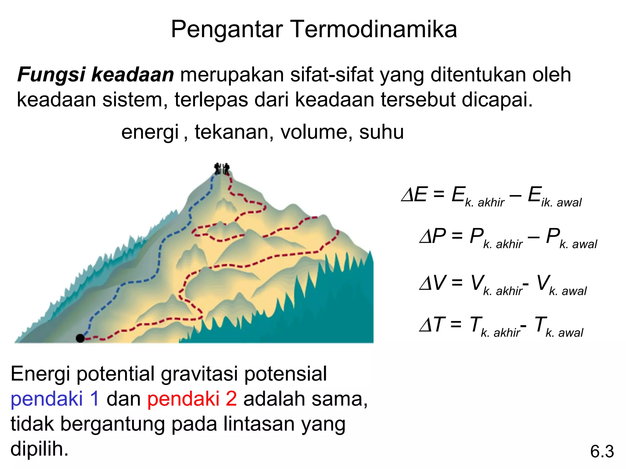 Pengantar Termodinamika
Fungsi keadaan merupakan sifat-sifat yang ditentukan oleh
keadaan sistem, terlepas dari keadaan tersebut dicapai.
           energi , tekanan, volume, suhu


                                        ∆E = Ek. akhir – Eik. awal
                                            ∆P = Pk. akhir – Pk. awal

                                            ∆V = Vk. akhir- Vk. awal
                                            ∆T = Tk. akhir- Tk. awal

Energi potential gravitasi potensial
pendaki 1 dan pendaki 2 adalah sama,
tidak bergantung pada lintasan yang
dipilih.                                                               6.3
 
