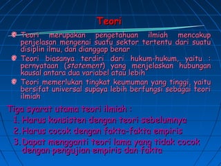 Teori
   Teori merupakan pengetahuan ilmiah mencakup
   penjelasan mengenai suatu sektor tertentu dari suatu
   disiplin ilmu, dan dianggap benar
   Teori biasanya terdiri dari hukum-hukum, yaitu :
   pernyataan (statement) yang menjelaskan hubungan
   kausal antara dua variabel atau lebih
   Teori memerlukan tingkat keumuman yang tinggi, yaitu
   bersifat universal supaya lebih berfungsi sebagai teori
   ilmiah
Tiga syarat utama teori ilmiah :
 1. Harus konsisten dengan teori sebelumnya
 2. Harus cocok dengan fakta-fakta empiris
 3. Dapat mengganti teori lama yang tidak cocok
    dengan pengujian empiris dan fakta
 