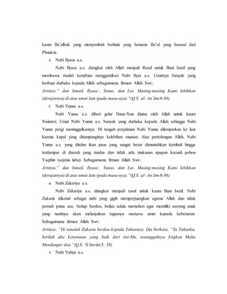 kaum Ba’albak yang menyembah berhala yang benama Ba’al yang berasal dari
Phunicia.
s. Nabi Ilyasa a.s.
Nabi Ilyasa a.s. diangkat oleh Allah menjadi Rasul untuk Bani Israil yang
membawa risalah kenabian menggantikan Nabi Ilyas a.s. Umatnya banyak yang
berbuat durhaka kepada Allah sebagaimana firman Allah Swt.:
Artinya:” dan Ismail, Ilyasa‘, Yunus, dan Lut. Masing-masing Kami lebihkan
(derajatnya) di atas umat lain (pada masa-nya).”(Q.S. al- An’ām/6:86)
t. Nabi Yunus a.s.
Nabi Yunus a.s. diberi gelar Dzun-Nun diutus oleh Allah untuk kaum
Nainuwi. Umat Nabi Yunus a.s. banyak yang durhaka kepada Allah sehingga Nabi
Yunus pergi meninggalkannya. Di tengah perjalanan Nabi Yunus dilemparkan ke laut
karena kapal yang ditumpanginya kelebihan muatan. Atas pertolongan Allah, Nabi
Yunus a.s. yang ditelan ikan paus yang sangat besar dimuntahkan kembali hingga
terdampar di daerah yang tandus dan tidak ada makanan apapun kecuali pohon
Yaqthin (sejenis labu). Sebagaimana firman Allah Swt.:
Artinya:” dan Ismail, Ilyasa‘, Yunus, dan Lut. Masing-masing Kami lebihkan
(derajatnya) di atas umat lain (pada masa-nya).”(Q.S. al- An’ām/6:86)
u. Nabi Zakariya a.s.
Nabi Zakariya a.s. diangkat menjadi rasul untuk kaum Bani Israil. Nabi
Zakaria dikenal sebagai nabi yang gigih memperjuangkan agama Allah dan tidak
pernah putus asa. Setiap berdoa, beliau selalu memohon agar memiliki seorang anak
yang nantinya akan melanjutkan tugasnya menyeru umat kepada kebenaran.
Sebagaimana firman Allah Swt.:
Artinya: “Di sanalah Zakaria berdoa kepada Tuhannya. Dia berkata, “Ya Tuhanku,
berilah aku keturunan yang baik dari sisi-Mu, sesungguhnya Engkau Maha
Mendengar doa.”(Q.S. ²li Imrān/3: 38)
v. Nabi Yahya a.s.
 