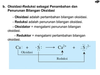 b. Oksidasi-Reduksi sebagai Penambahan dan 
Penurunan Bilangan Oksidasi 
- Oksidasi adalah pertambahan bilangan oksidasi. 
- Reduksi adalah penurunan bilangan oksidasi. 
- Oksidator = mengalami penurunan bilangan 
oksidasi. 
- Reduktor = mengalami pertambahan bilangan 
oksidasi. 
 