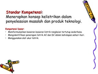 Standar Kompetensi:
Standar Kompetensi:
Menerapkan konsep kelistrikan dalam
penyelesaian masalah dan produk teknologi.
Kompetensi Dasar:
Kompetensi Dasar:
• Memformulasikan besaran-besaran listrik rangkaian tertutup sederhana.
• Mengidentifikasi penerapan listrik AC dan DC dalam kehidupan sehari-hari.
• Menggunakan alat ukur listrik.
 